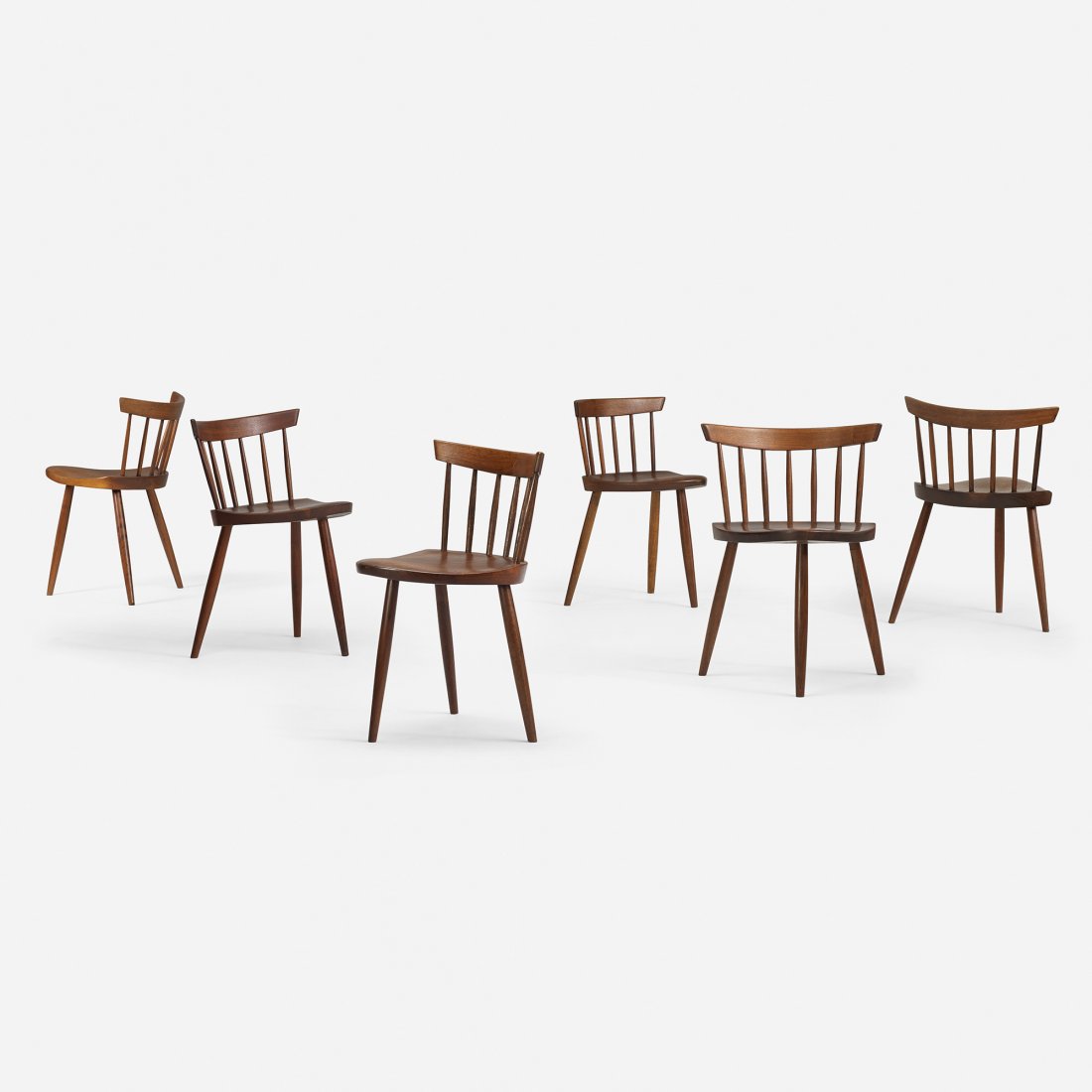George Nakashima Mira chairs, set of six: George Nakashima Mira chairs, set of six USA, c. 1965 American black walnut, stained hickory 20 w x 18 d x 27.25 h inches Literature: George Nakashima, Woodworkers, studio catalog, unpaginated