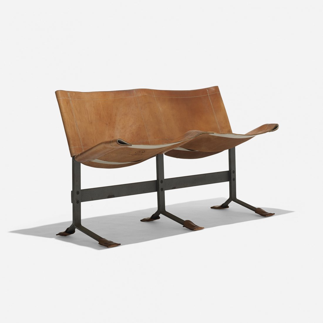 Max Gottschalk bench: Max Gottschalk bench USA, c. 1965 leather, steel 46 w x 19 d x 29 h inches Branded artist cipher and signature to the reverse and underside: [Max Gottschalk].