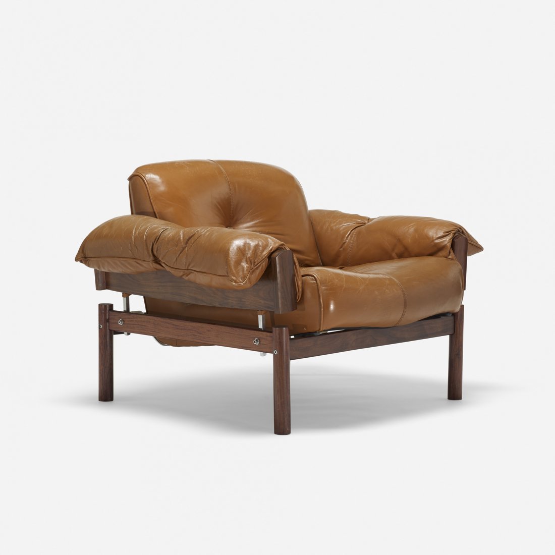 Percival Lafer lounge chair: Percival Lafer lounge chair Lafer S.A. Ind. Com. Brazil, c. 1958 jacaranda, leather 43 w x 32 d x 27 h inches Signed with applied foil manufacturer's label to leg: [Lafer M.P. Made in Brazil].