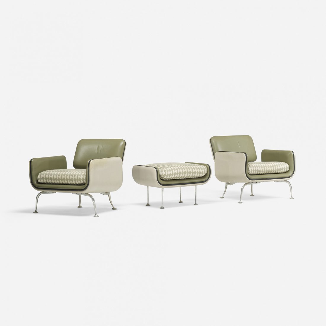 Girard pair of lounge chairs and ottoman: Alexander Girard pair of lounge chairs, model 66310 and ottoman Herman Miller USA, 1967 naugahyde, cast aluminum, upholstery 27.5 w x 28 d x 25.75 h inches Ottoman measures: 27 w x 17 d x 15.5 h inche