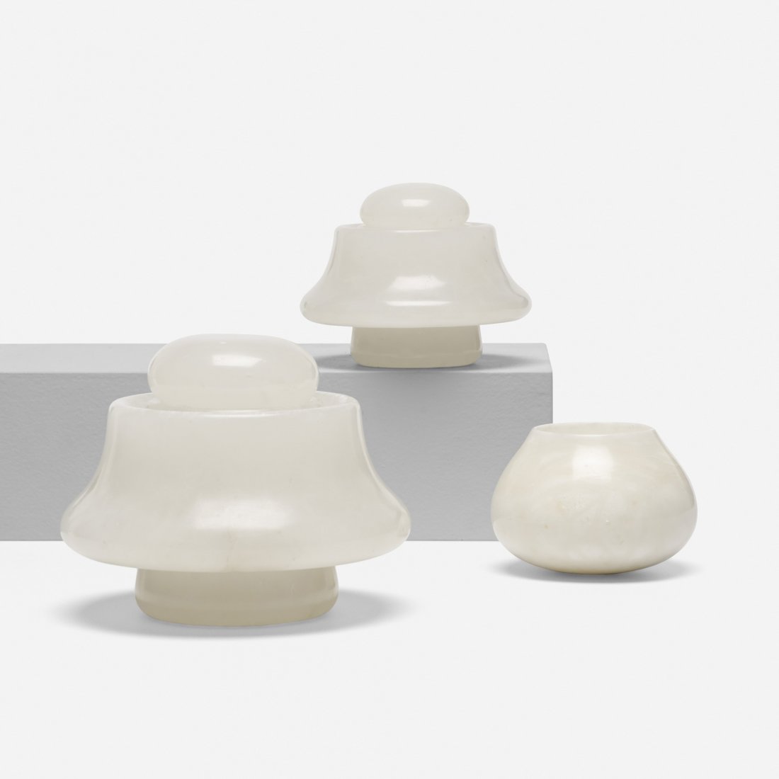 Angelo Mangiarotti bowls, set of three: Angelo Mangiarotti bowls, set of three Societa Cooperativa Artieri dell'Alabastro Italy, 1981 carved alabaster 7 dia x 5.75 h inches Signed with decal manufacturer's label to underside of each example