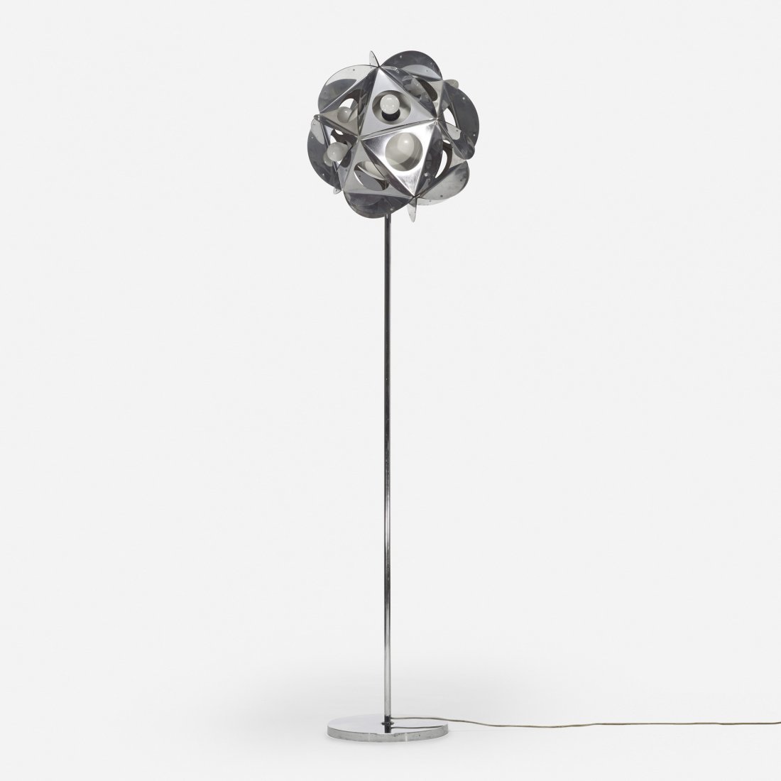 Bruno Munari floor lamp: Bruno Munari floor lamp Italy, c. 1970 chrome-plated steel, enameled steel 15 dia x 63 h inches