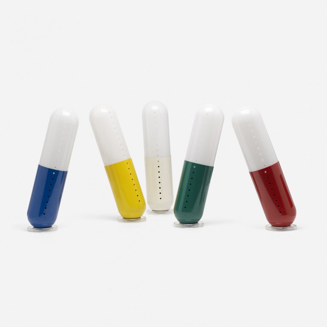 Casati and Ponzio set of five Pillola lamps: Cesare Casati and Emanuele Ponzio set of five Pillola lamps from the Nai Collection Ponteur Italy, 1968 ABS plastic 5.25 dia x 21.5 h inches Each lamp retains original packaging. Signed with molded ma