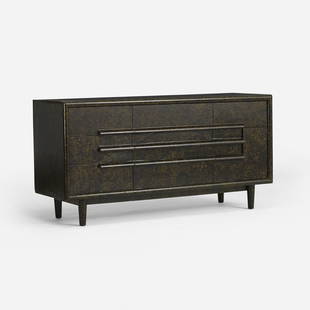 In the manner of William (Billy) Haines cabinet: In the manner of William (Billy) Haines cabinet USA, c. 1950 lacquered vellum over wood 62 w x 20.5 d x 31.25 h inches Cabinet features nine drawers. Signed with stamped manufacturer's mark to drawer: