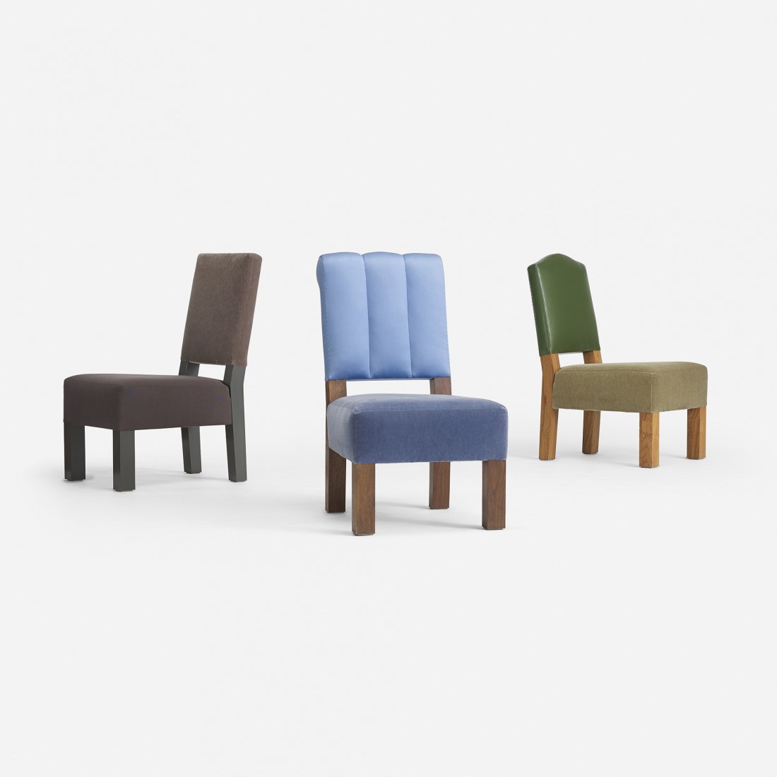 Roy McMakin collection of three chairs: Roy McMakin collection of three chairs for the Young residence, Chicago Domestic Furniture Company USA, 1999 mohair, silk, leather, upholstery, stained walnut, ash, lacquered wood 20.5 w x 28 d x 36 h