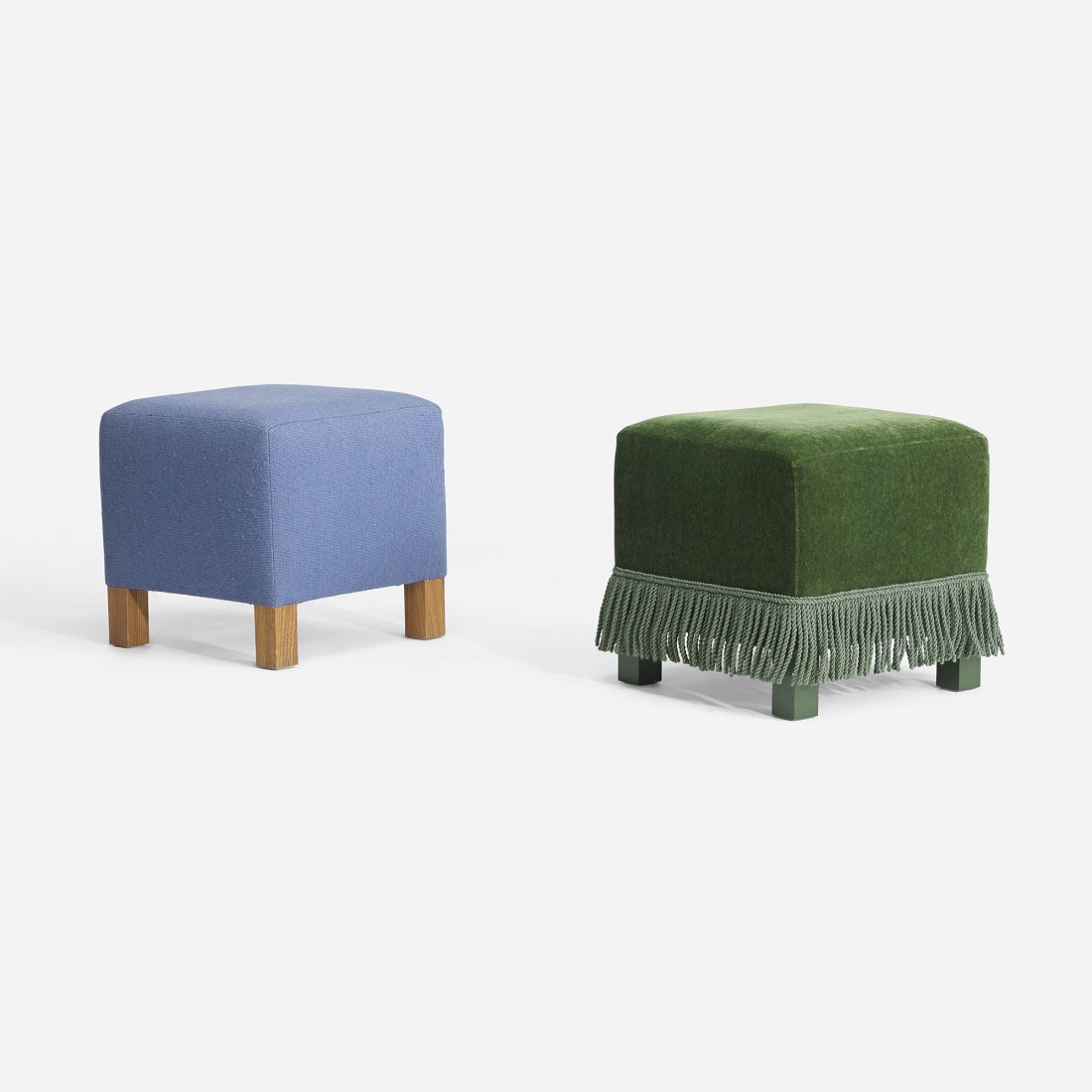 Roy McMakin pair of ottomans: Roy McMakin pair of ottomans for the Young residence, Chicago Domestic Furniture Company USA, 1999 green mohair, blue upholstery, stained ash, lacquered wood 19 w x 19 d x 16.5 h inches Provenance: Co