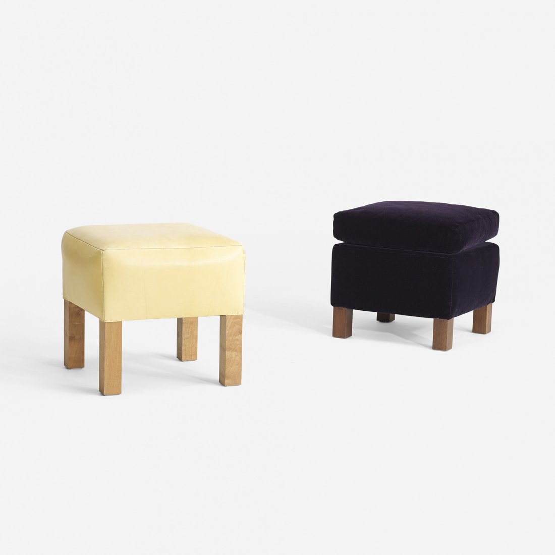 Roy McMakin pair of ottomans: Roy McMakin pair of ottomans for the Young residence, Chicago Domestic Furniture Company USA, 1999 stained walnut, maple, purple mohair, yellow leather 18 w x 18 d x 16.5 h inches Provenance: Collecti