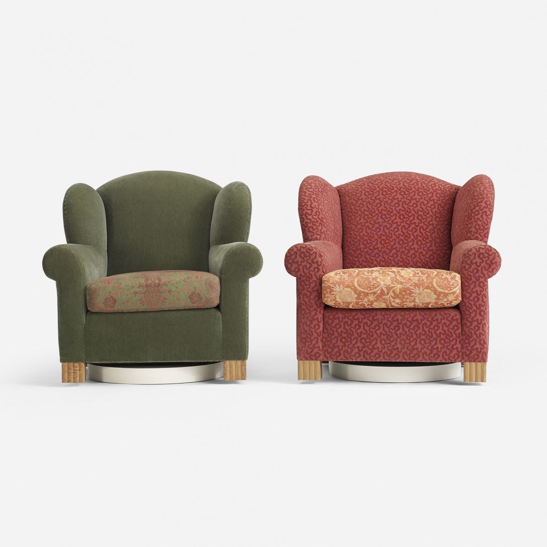 Roy McMakin pair of Swivel Wingback chairs: Roy McMakin pair of Swivel Wingback chairs for the Young residence, Chicago USA, 1998/2000 mohair, upholstery, lacquered wood, maple, oak 36 w x 39 d x 36.5 h inches Literature: Roy McMakin: When is a