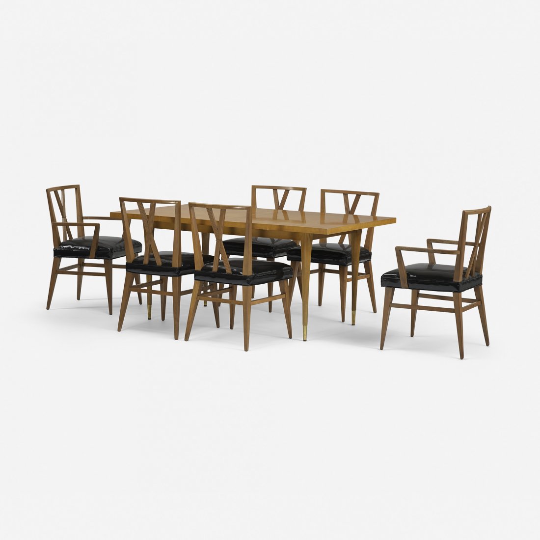Tommi Parzinger dining set: Tommi Parzinger dining set Charak USA, c. 1945 bleached mahogany, maple, vinyl 68 w x 38 d x 29.5 h inches Dining set includes table and six chairs. Sold with two 17-inch leaves; table measures 102 in