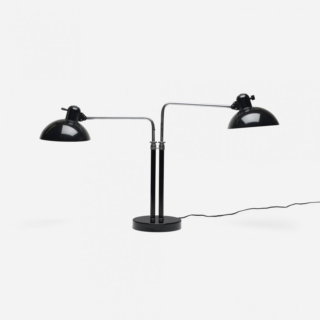 Christian Dell Double Dell table lamp: Christian Dell Double Dell table lamp Kaiser & Co. Germany, 1933 enameled steel, chrome-plated brass, Bakelite 37.25 w x 8 d x 20 h inches Signed with cast manufacturer's mark to each shade: [Kaiser D
