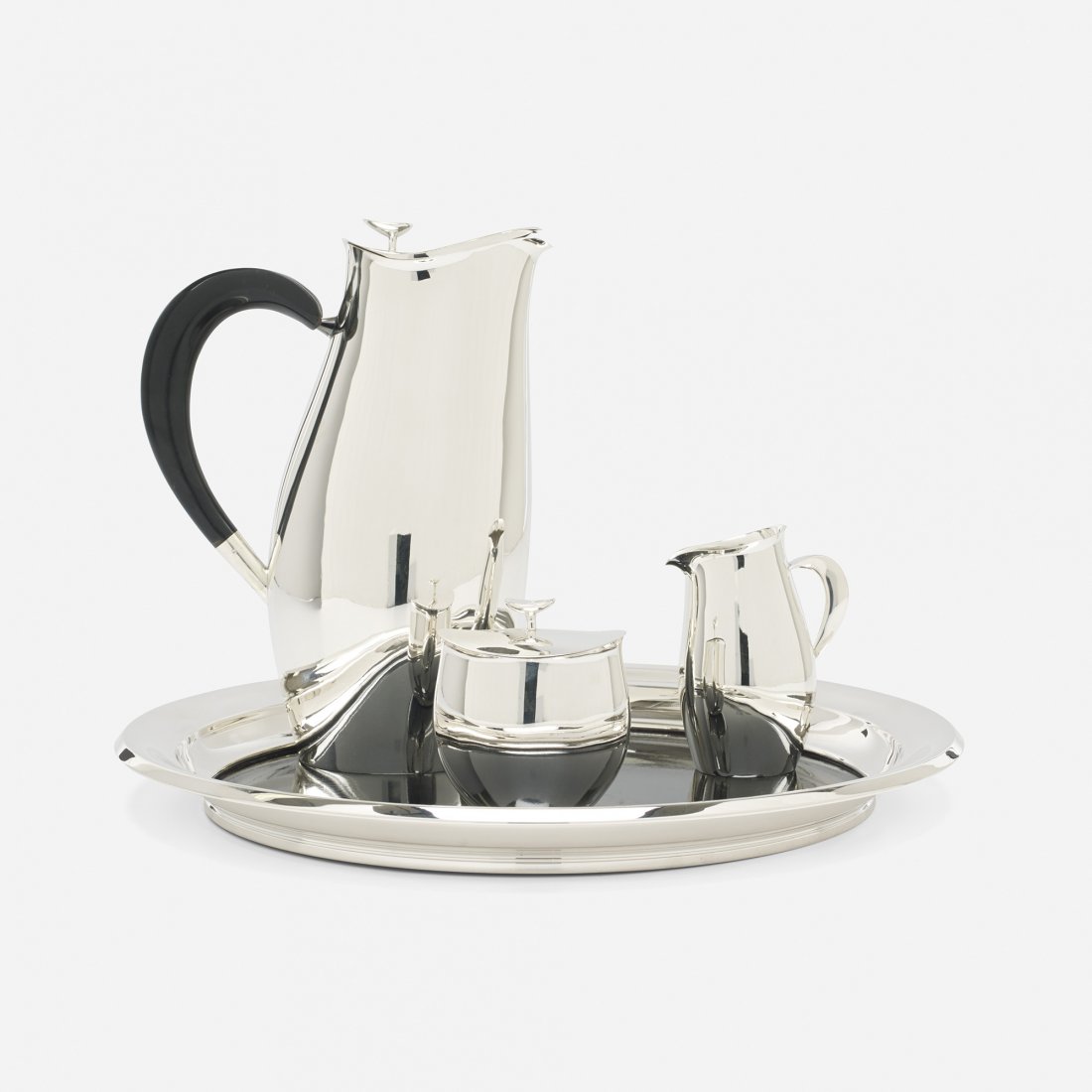 King and Van Koert Contour coffee service: Robert King and John Van Koert Contour coffee service Towle Silversmiths USA, 1951/1953 sterling silver, composite 7.5 w x 4 d x 10 h inches Service includes tray, coffee pot, lidded sugar bowl and cr