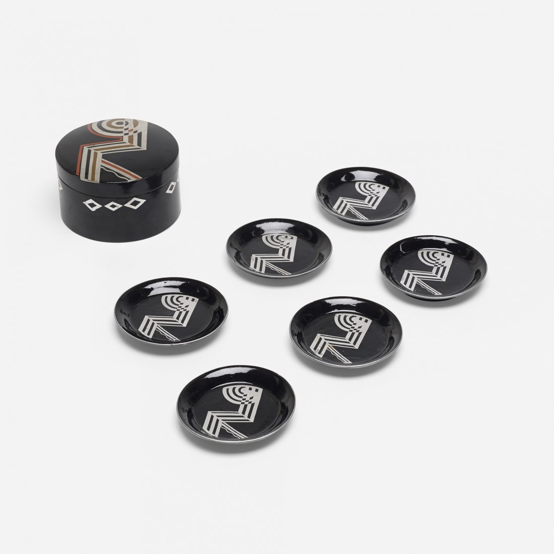 Art Deco coaster set: Art Deco coaster set Japan, c. 1930 lacquered wood 4.5 dia x 2.75 h inches Signed with applied paper label to underside of box: [No 8372]. Signed with stamped manufacturer's mark to each element: [Mad