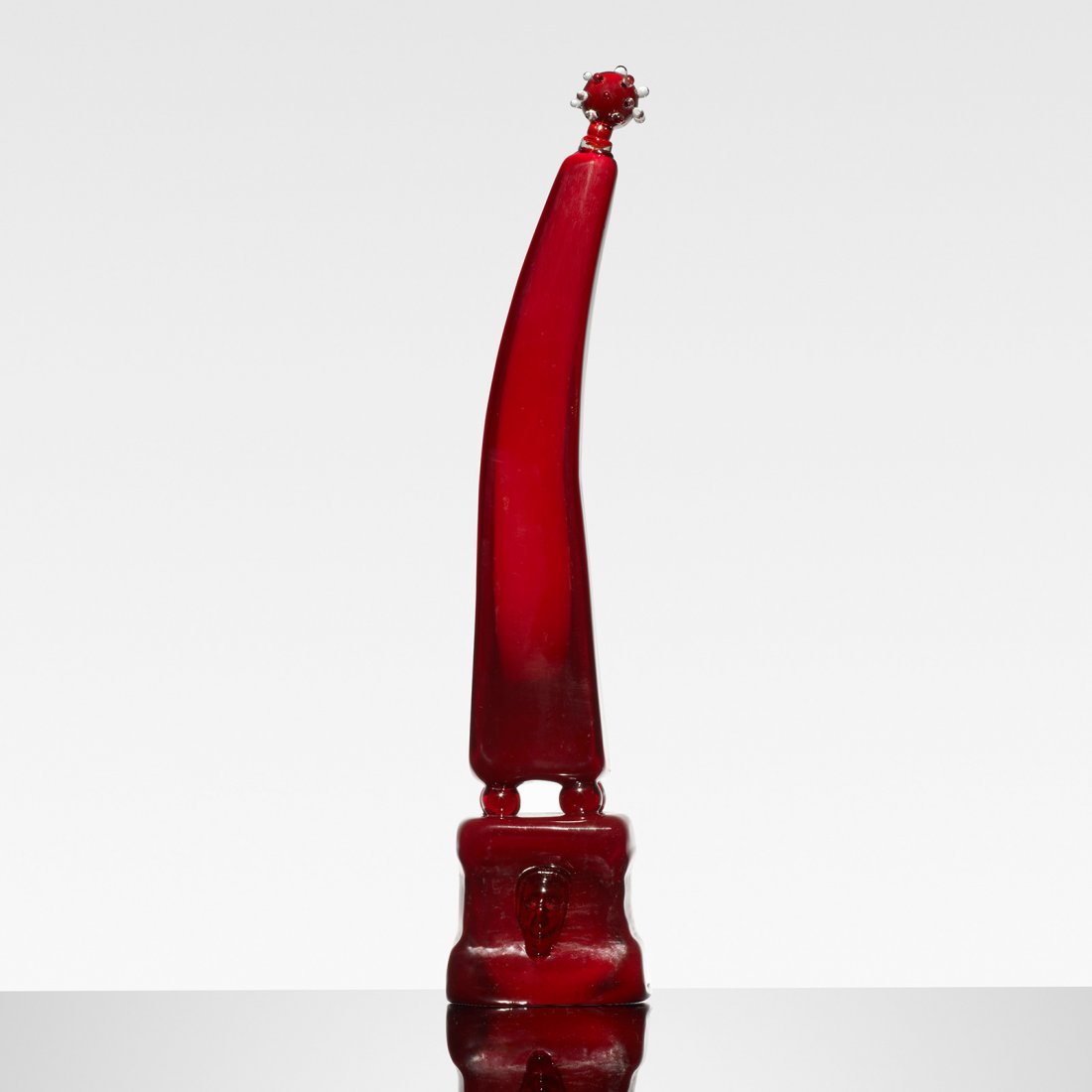 Eugene Berman Obelisco: Eugene Berman Obelisco Venini Italy, c. 1951 red glass with applied clear prunts 4.25 w x 3.5 d x 18.25 h inches Signed with paper label to underside: [Venini Murano Venezia]. Literature: Venini & The