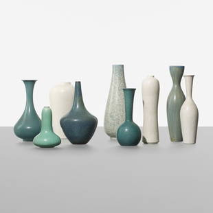 Gunnar Nylund collection of nine vases: Gunnar Nylund collection of nine vases Rorstrand Sweden, c. 1950 glazed stoneware 4.25 dia x 11 h inches Incised signature and studio mark to underside: [R Sweden GN].