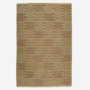 Barbro Nilsson Falurutan carpet: Barbro Nilsson Falurutan carpet Marta Maas-Fjetterstrom AB Sweden, 1952 hand-woven wool 69 w x 105 l inches Woven signature to edge: [AB MMF BN].