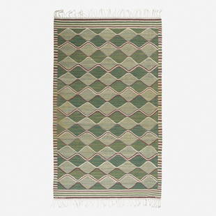 Barbro Nilsson Spattan carpet: Barbro Nilsson Spattan carpet Marta Maas-Fjetterstrom AB Sweden, c. 1943 hand-woven wool 56.5 w x 95 l inches Woven signature to edge: [AB MMF BN].