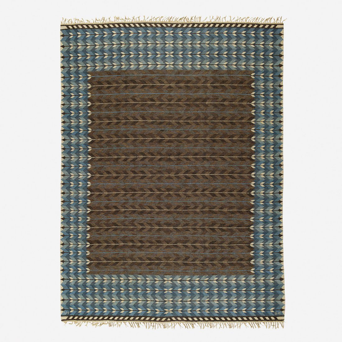 Berit Koenig carpet: Berit Koenig carpet Svensk Hemslojd Sweden, c. 1950 hand-woven wool 99 w x 132 l inches Woven signature to edge: [SH BK].