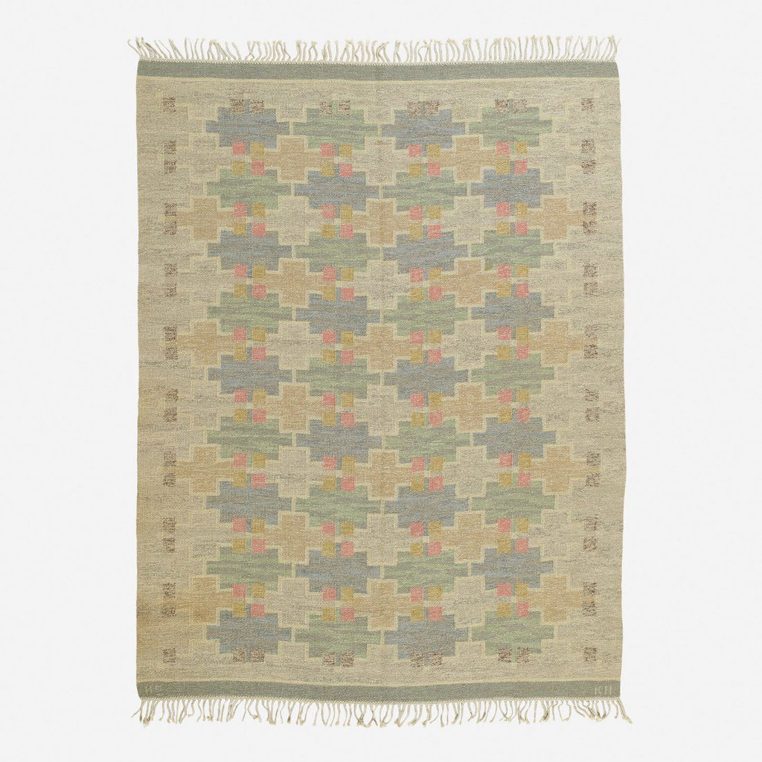 Maj Svanstrom carpet: Maj Svanstrom carpet Sweden, c. 1940 hand-woven wool 69 w x 91 l inches Woven signature to edge: [MS KH].