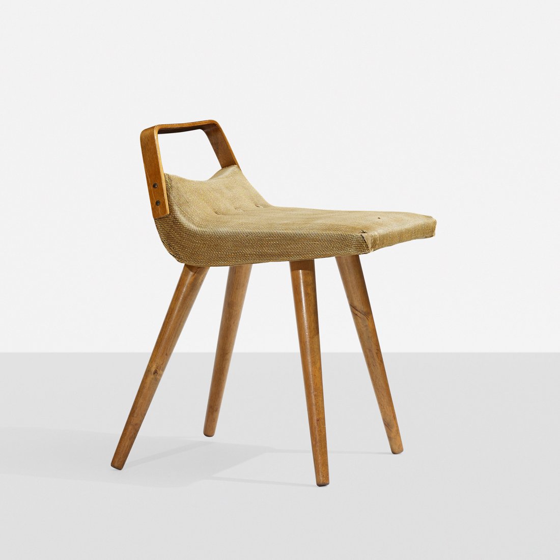 Finnish stool: Finnish stool c. 1950 birch, upholstery, birch plywood 16 w x 17 d x 24 h inches Signed with stamped manufacturer's mark to decking: [Made in Finland].