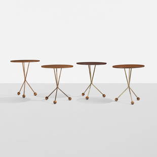 Albert Larsson occasional tables, set of four: Albert Larsson occasional tables, set of four Alberts Mobel Sweden, 1952-1953 mahogany, teak, brass and copper-coated steel, rosewood 15.5 dia x 19 h inches Originally packaged in a cylidrical paper j
