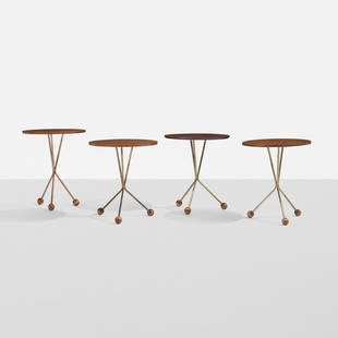 Albert Larsson occasional tables, set of four: Albert Larsson occasional tables, set of four Alberts Mobel Sweden, 1952-1953 mahogany, teak, brass and copper-coated steel, rosewood 15.5 dia x 19 h inches Originally packaged in a cylidrical