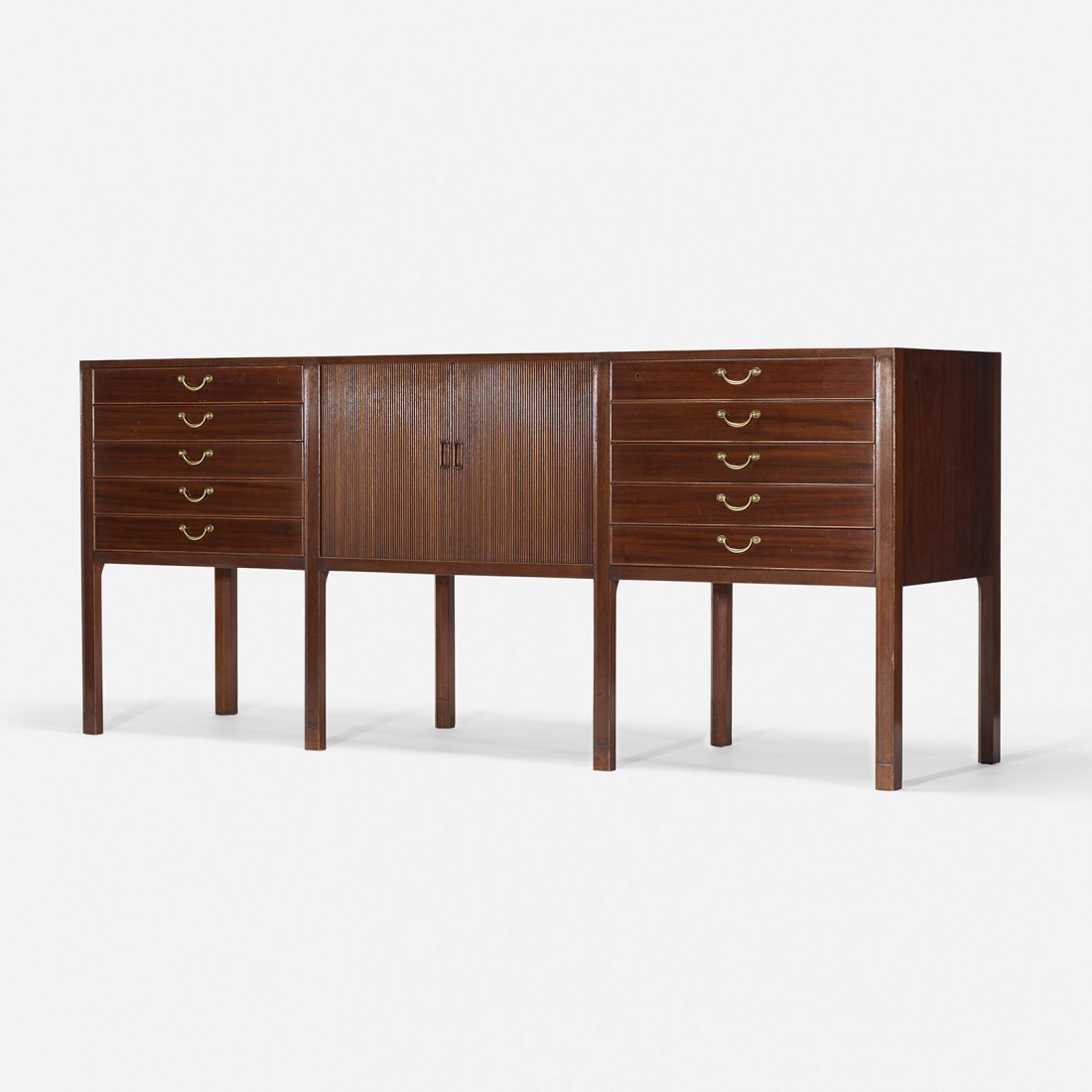 Ole Wanscher cabinet: Ole Wanscher cabinet A.J. Iversen Snedkermester Denmark, c. 1945 mahogany, brass 78.75 w x 22 d x 33.75 h inches Cabinet features ten drawers with two tambour doors concealing one adjustable shelf. Si