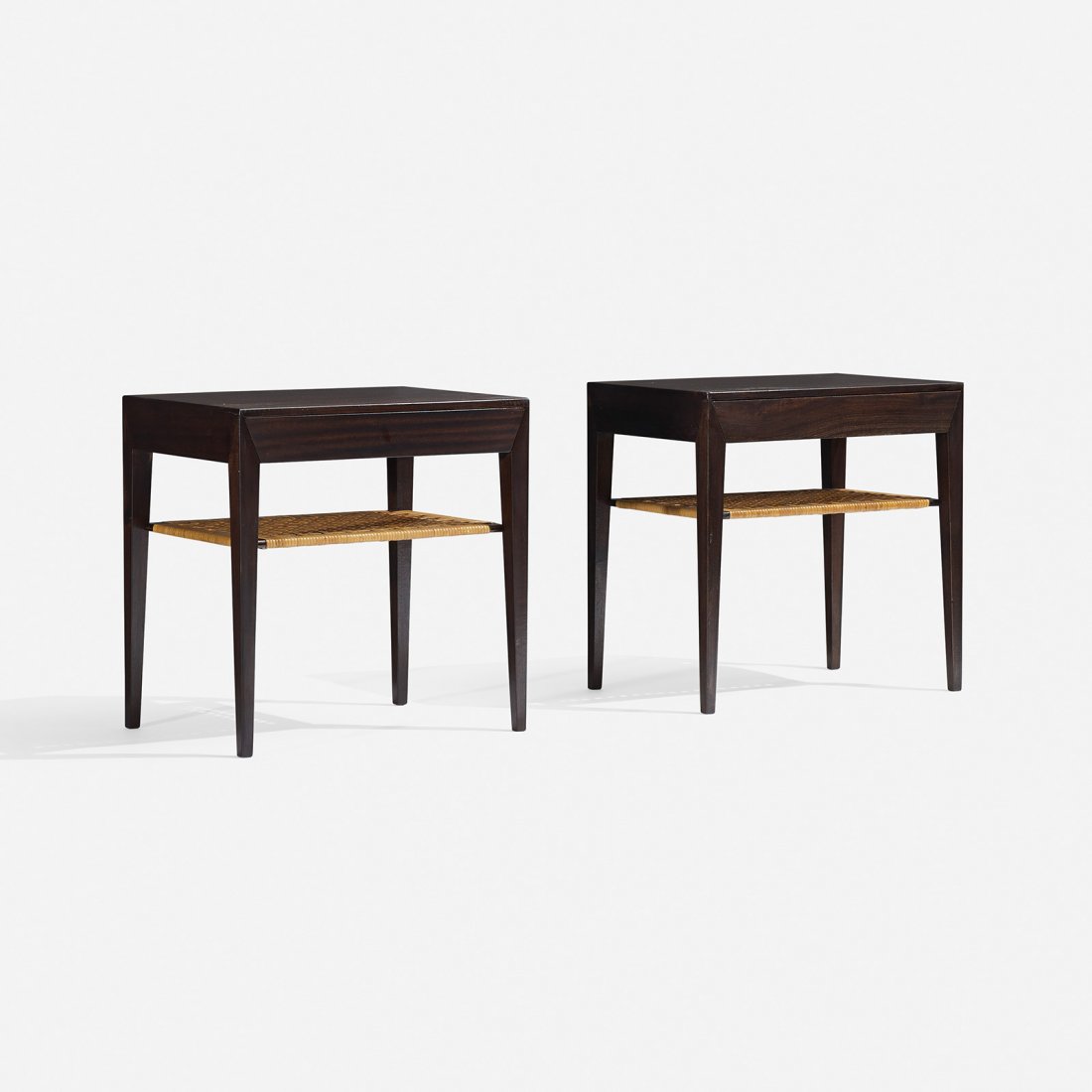 Severin Hansen nightstands, pair: Severin Hansen nightstands, pair Haslev Mobelsnedkeri A/S Denmark, c. 1965 stained mahogany, cane 19.75 w x 13.75 d x 19.5 h inches Each nightstand features a single drawer.