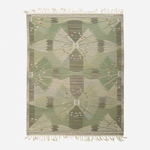 Barbro Nilsson The Park, Falkman carpet: Barbro Nilsson The Park, Falkman carpet Marta Maas-Fjetterstrom AB Sweden, 1957 hand-woven wool 59.5 w x 74 l inches Woven signature to edge: [AB MMF BN].