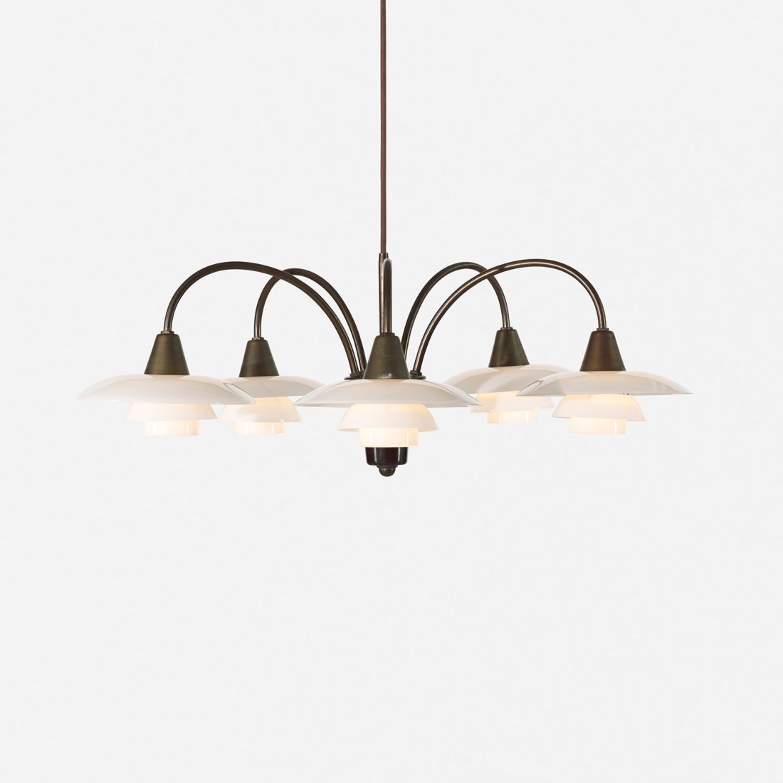 Poul Henningsen Cascade chandelier: Poul Henningsen Cascade chandelier Louis Poulsen Denmark, 1933 frosted glass, Bakelite, bronze, brass 26.5 dia x 10 h inches Signed with impressed manufacturer's mark to harps: [PH-1 Patented]. Litera