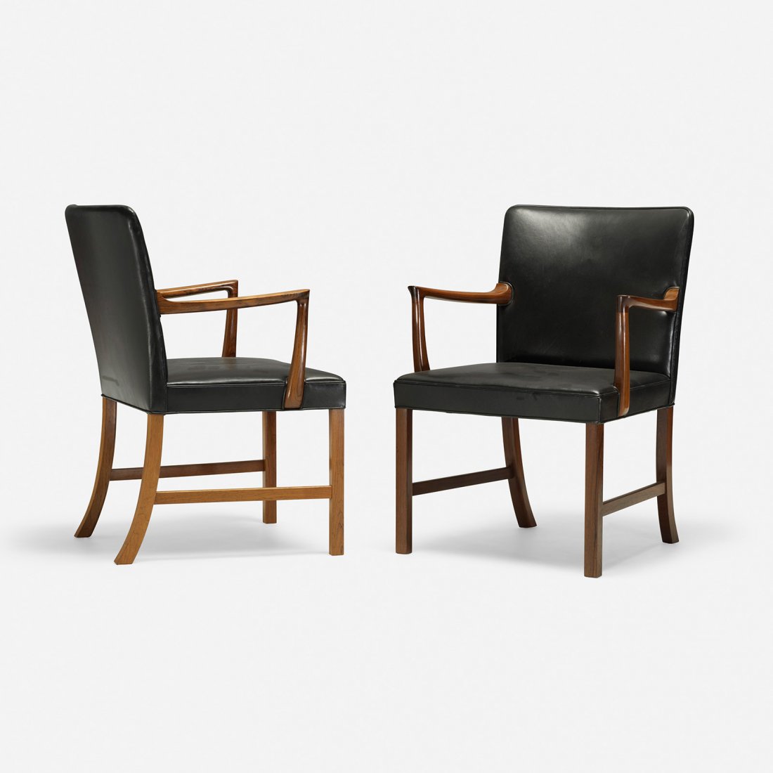 Ole Wanscher armchairs, pair: Ole Wanscher armchairs, pair A.J. Iversen Snedkermester Denmark, c. 1960 rosewood, leather 25.75 w x 21 d x 35 h inches Signed with paper manufacturer's label to underside of each example: [Snedkermes