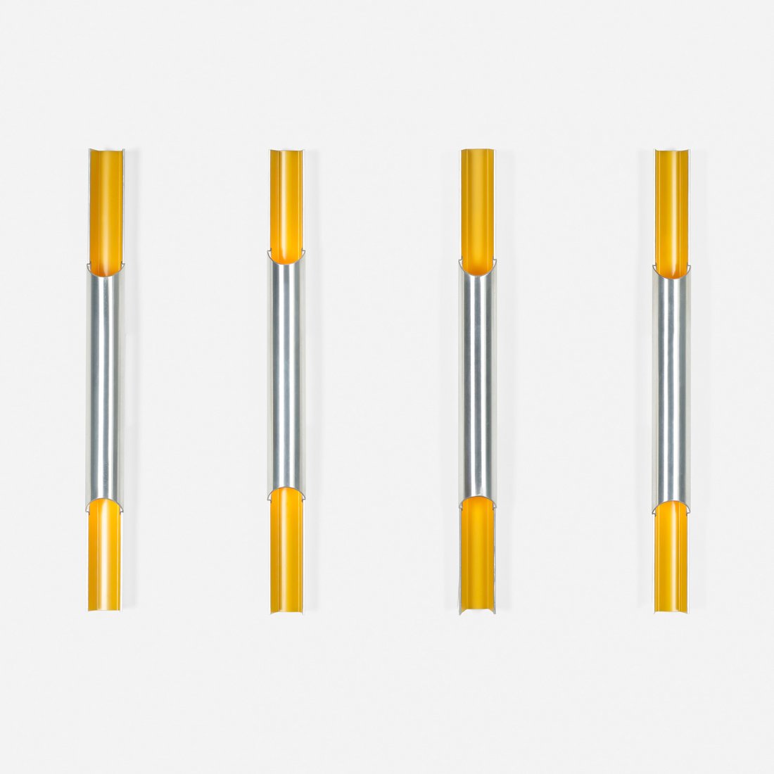 Bengt Karlby Pantre sconces, set of four: Bengt Karlby Pantre sconces, set of four Lyfa Denmark, c. 1965 aluminum, enameled aluminum 2 w x 3 d x 23.5 h inches Signed with decal manufacturer's labels to reverse and interior of each example: [L