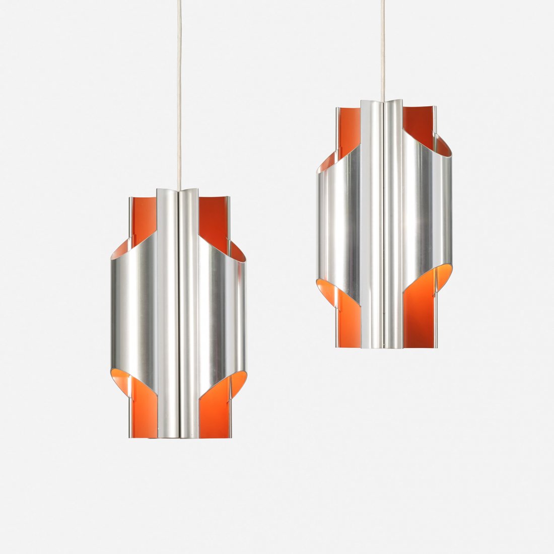 Bengt Karlby Pantre pendants, pair: Bengt Karlby Pantre pendants, pair Lyfa Denmark, c. 1965 aluminum, enameled aluminum 7 dia x 14 h inches Signed with applied manufacturer's label to inside of each example: [LYFA].
