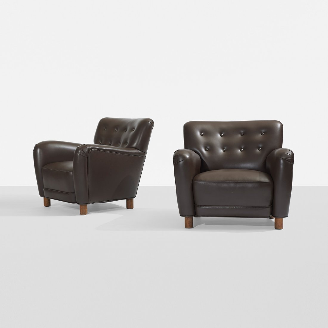 Flemming Lassen, attribution lounge chairs, pair: Flemming Lassen, attribution lounge chairs, pair A.J. Iversen Snedkermester Denmark, c. 1945 leather, beech 32 w x 32 d x 28.5 h inches Provenance: Andrew Hollingsworth, Chicago | Private collection