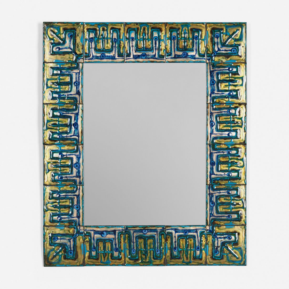 Bodil Eje mirror: Bodil Eje mirror Denmark, c. 1960 fire-enameled copper, mirrored glass 19.75 w x 23.75 h inches Signed with decal artist's label to reverse: [Bodil Eje Emalje Kobenhavn].