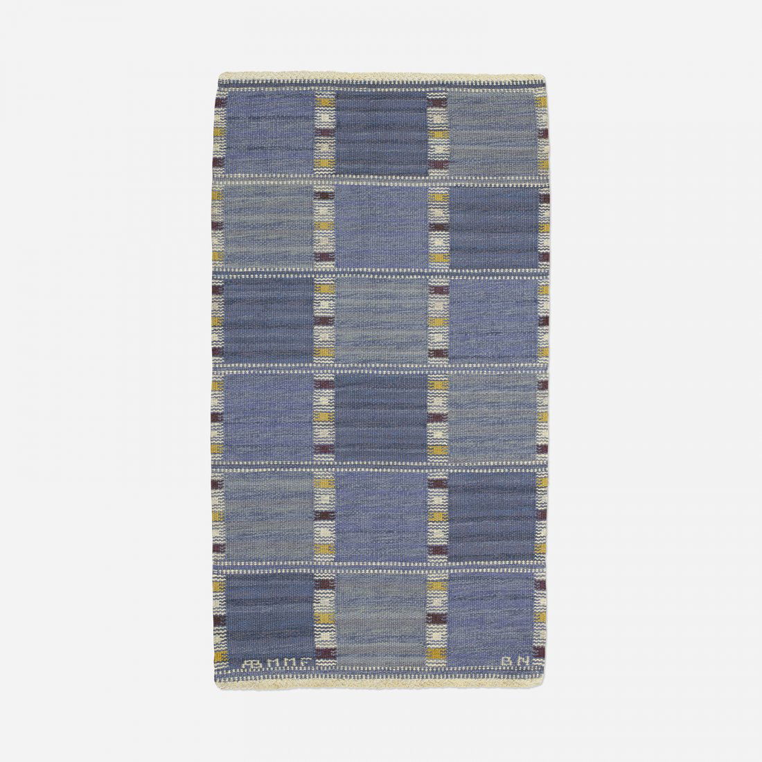 Barbro Nilsson Falurutan flatweave carpet: Barbro Nilsson Falurutan flatweave carpet Märta Måås-Fjetterström AB Sweden, 1952 hand-woven wool 30 w x 59 l inches Woven signature to edge: [AB MMF BN].
