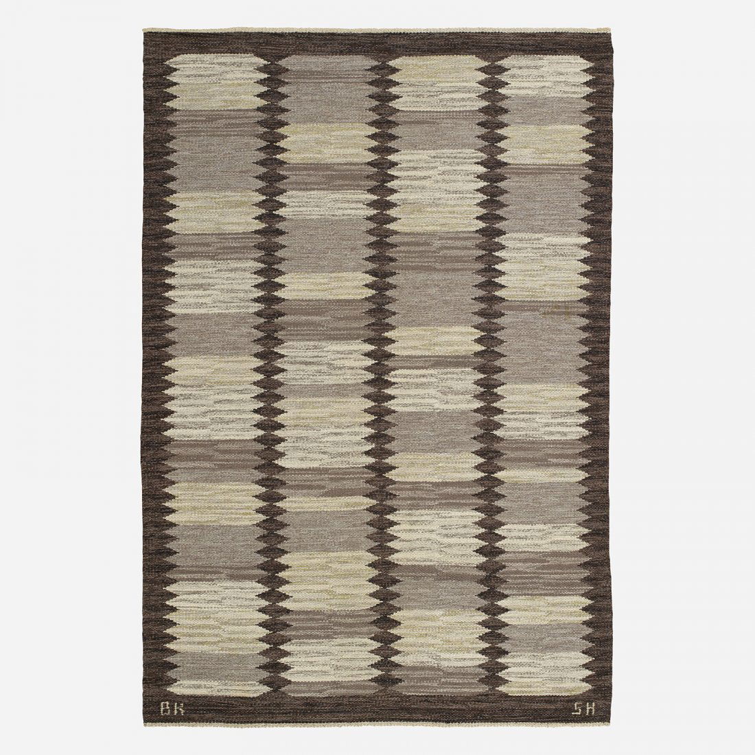 Berit Koenig flatweave carpet: Berit Koenig flatweave carpet Svensk Hemslöjd Sweden, 3rd quarter 20th Century hand-woven wool 54.5 w x 82 l inches Woven signature to edge: [BK SH].