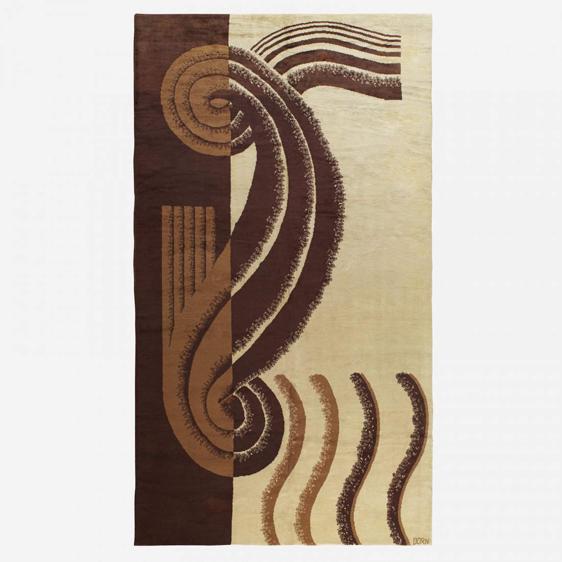 Marion Dorn pile carpet: Marion Dorn pile carpet USA, 2nd quarter 20th Century hand-woven wool 100 w x 171 l inches Woven signature to edge: [DORN].