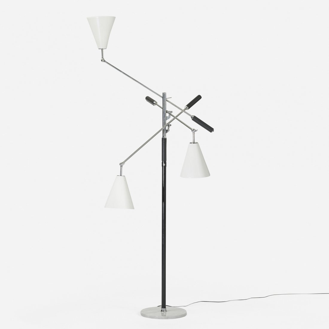 Arredoluce Three Arm floor lamp: Arredoluce Three Arm floor lamp Italy, c. 1950 chrome-plated brass, enameled steel, marble, enameled aluminum, leather 35 w x 35 d x 56 h inches Signed with impressed manufacturer's mark to stem: [Mad