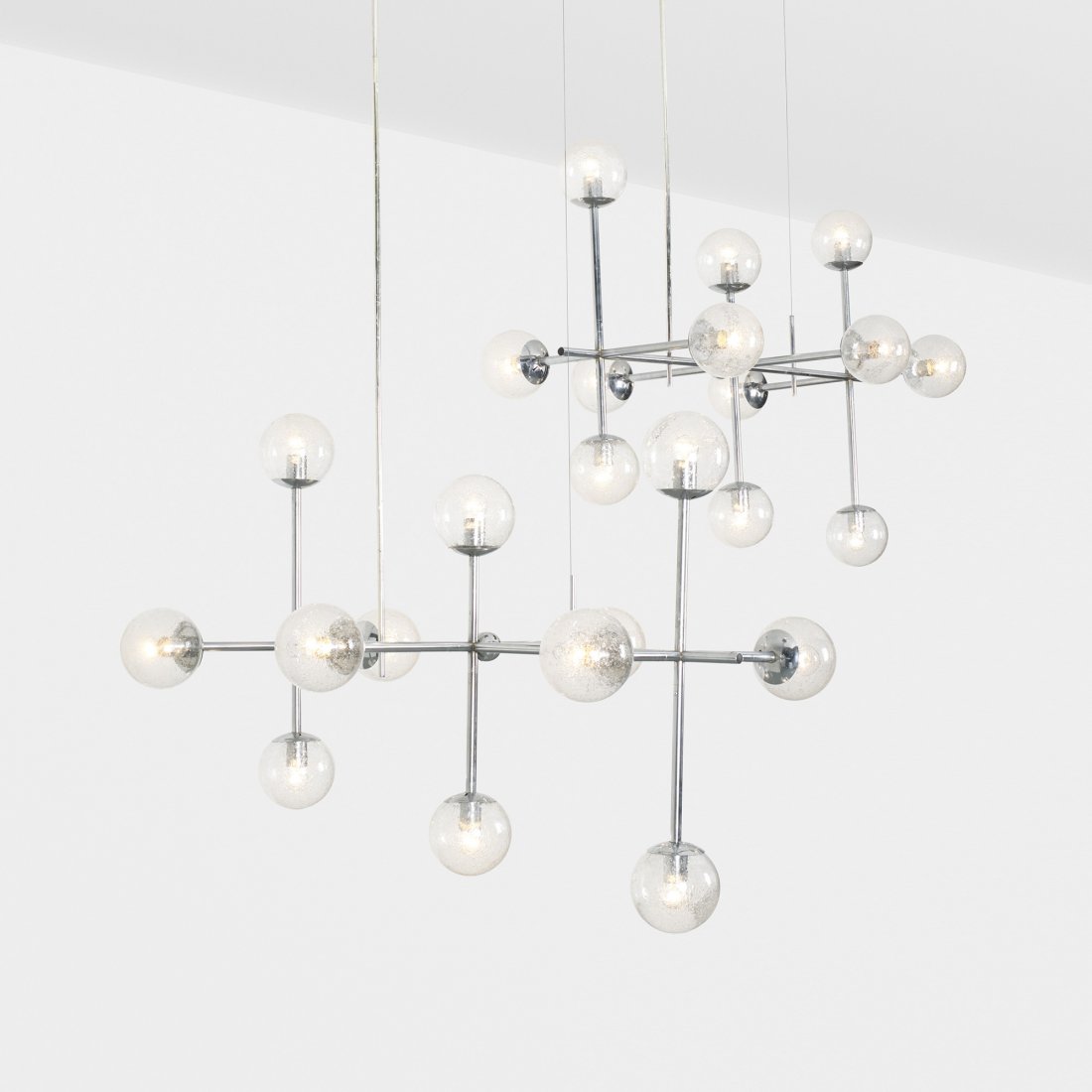 Peter Rockel Light System 2000 chandeliers, pair: Peter Rockel Light System 2000 chandeliers, pair Kinkeldey Germany, 1975 aluminum, chrome-plated steel, blown glass with internal bubble decoration, steel wire 49.5 w x 37.5 d x 84 h inches Signed wit