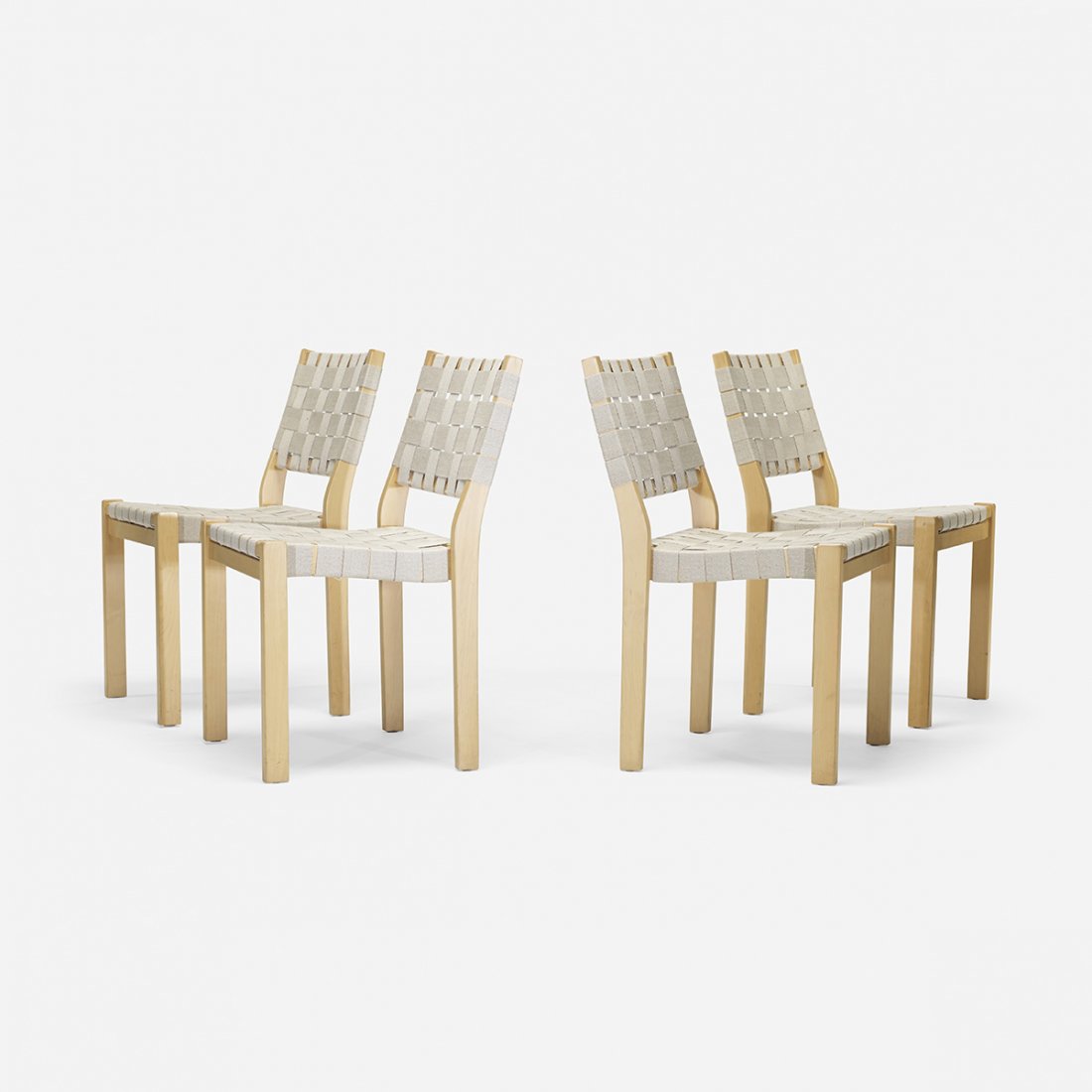 Alvar Aalto chairs, set of four: Alvar Aalto chairs, set of four Artek Finland, 1930/c. 1980 birch, cloth straps 19.25 w x 20 d x 31.75 h inches