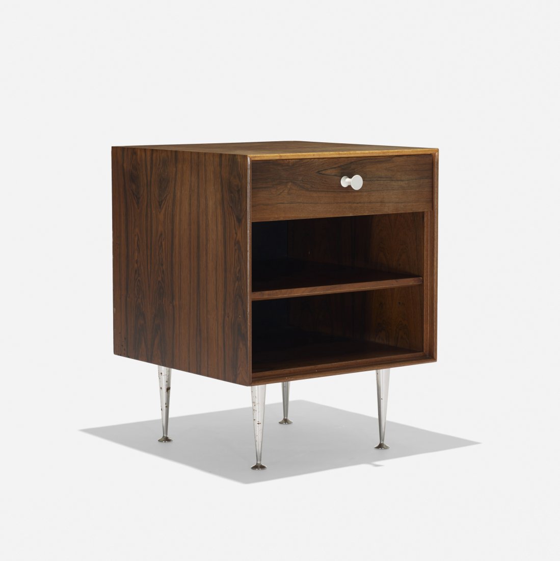George Nelson & Associates Thin Edge nightstand: George Nelson & Associates Thin Edge nightstand, model 5707 Herman Miller USA, c. 1955 rosewood, aluminum, enameled steel 18 w x 20 d x 23.25 h inches Signed with disc manufacturerâ€™s label to d