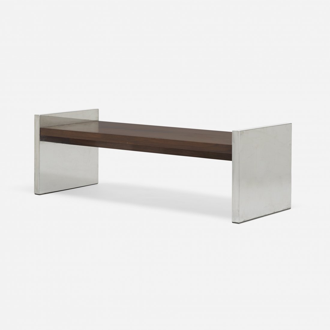 Roger Sprunger bench: Roger Sprunger bench Dunbar USA, c. 1970 chrome-plated steel, rosewood 48 w x 18 d x 16 h inches Signed with applied 'D' manufacturer's label to underside: [Dunbar Berne Indiana].
