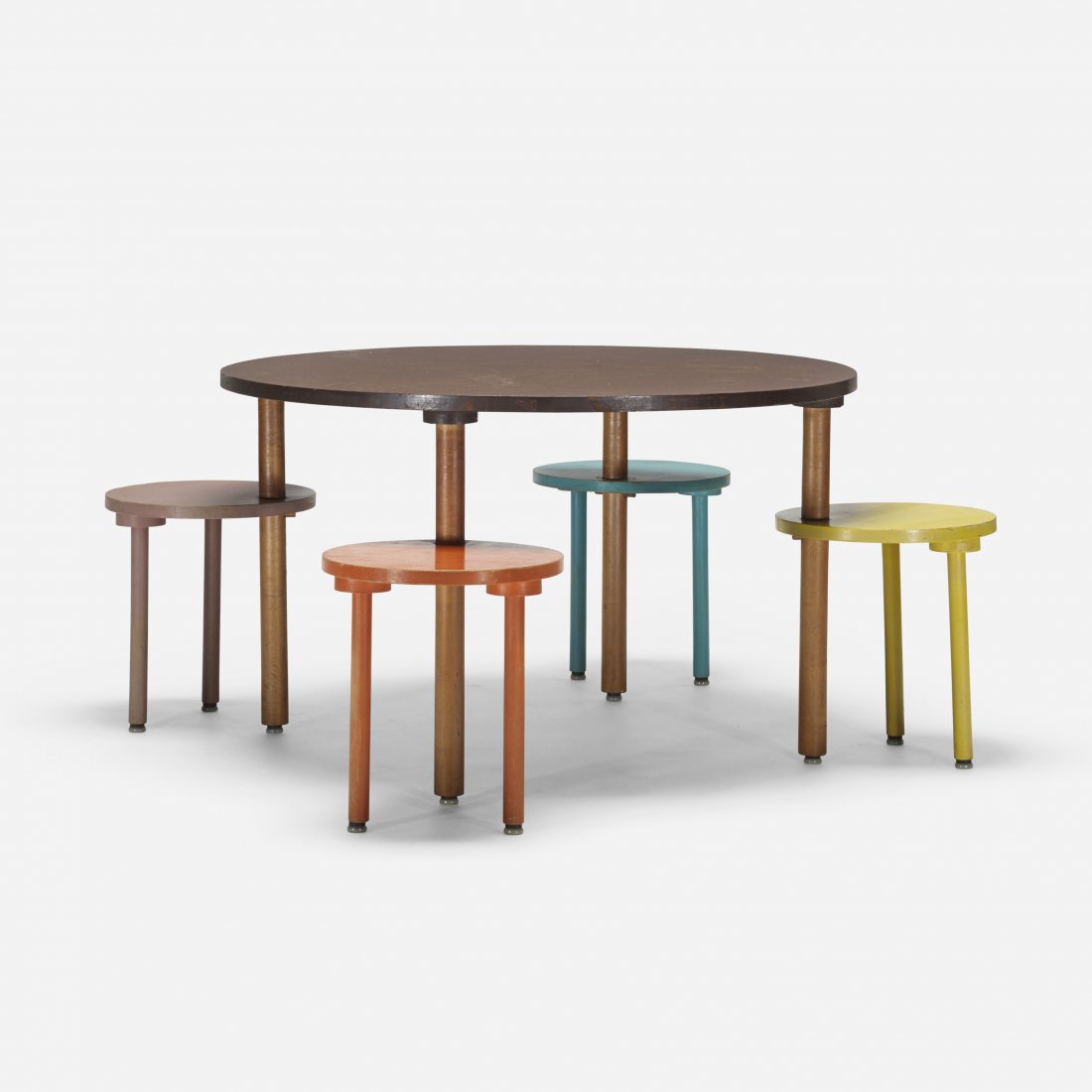 Henry Glass Swingline child's table: Henry Glass Swingline child's table Fleetwood Furniture Company USA, 1955 masonite, lacquered wood, walnut 35 dia x 21.5 h inches Literature: Henry P. Glass Associates, catalog, pg. 41