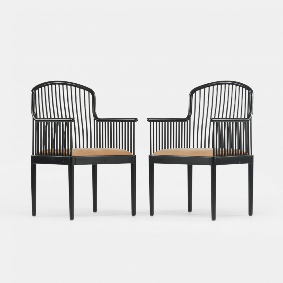 Davis Allen Andover armchairs, pair: Davis Allen Andover armchairs, pair Stendig International USA, 1983 lacquered wood, upholstery 21.5 w x 21 d x 36.25 h inches Signed with decal distributor's label to underside of each example: [Stend