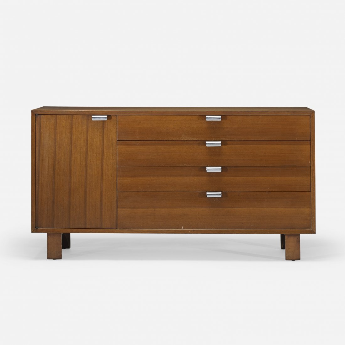 George Nelson & Associates cabinet, model 4712: George Nelson & Associates cabinet, model 4712 Herman Miller USA, c. 1948 walnut, lacquered wood, aluminum 56.25 w x 19.5 d x 29.75 h inches Signed with applied foil manufacturer's label to drawer: [G