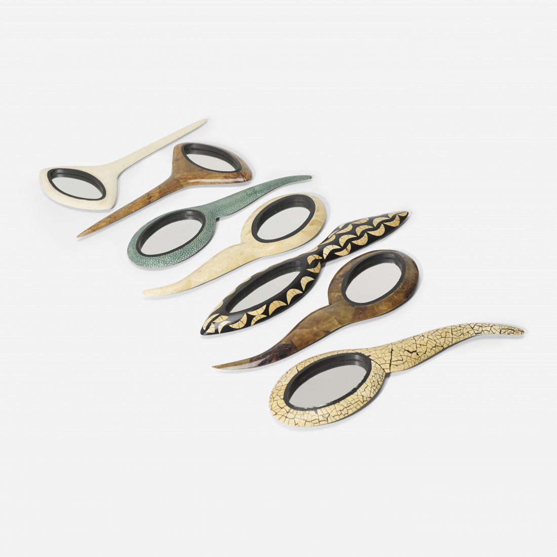 R + Y Augousti hand mirrors, set of seven: R + Y Augousti hand mirrors, set of seven France, c. 1970 plastic, resin, bone inlay, shagreen, mirrored glass 6.5 w x .5 d x 12.75 h inches