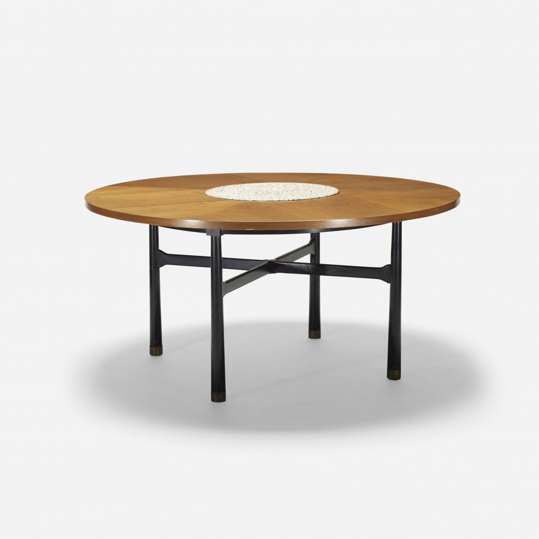 Harvey Probber occasional table: Harvey Probber occasional table Harvey Probber, Inc. USA, 1958 walnut, lacquered wood, marble, terrazzo, brass 50.25 dia x 24.5 h inches Sold with two different stone inserts. Signed with stamped manu