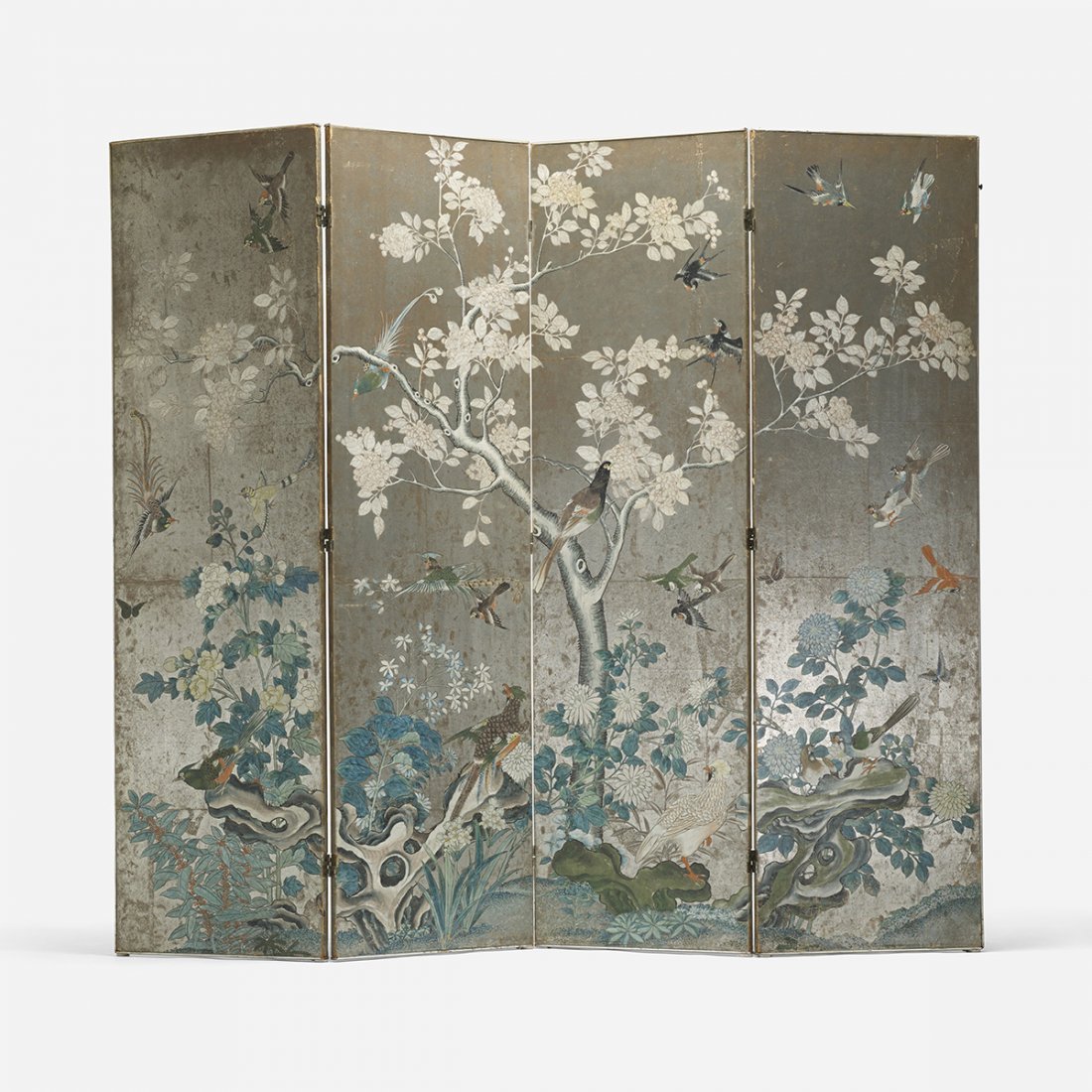 Chinese folding screen: Chinese folding screen c. 1930 silver leaf, lacquered and hand-painted wood 71 w x 8 d x 64.25 h inches