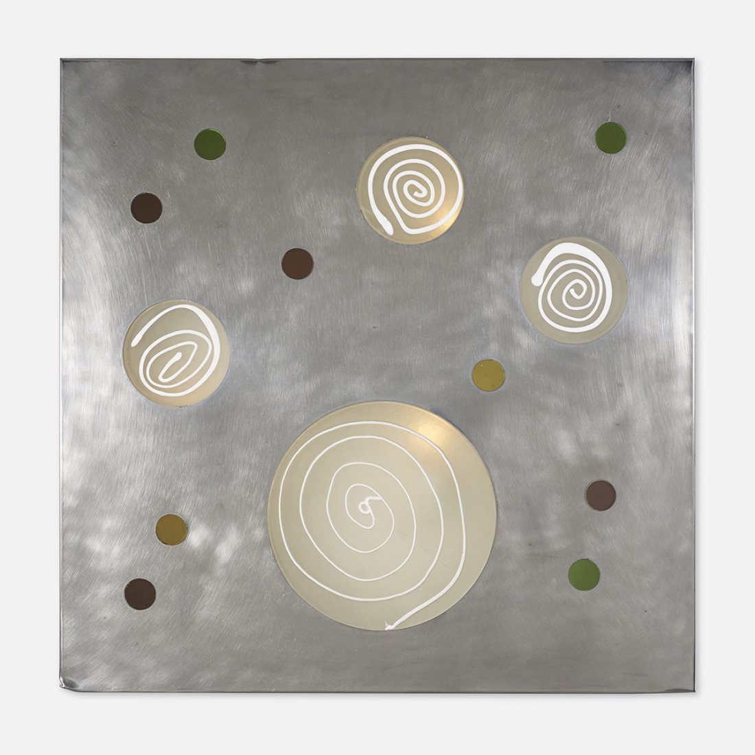 Angelo Brotto Quasar wall light: Angelo Brotto Quasar wall light Esperia Italy, c. 1970 stainless steel, glass 31.5 w x 2 d x 31.5 h inches Signed with decal manufacturer's label to edge: [Esperia].