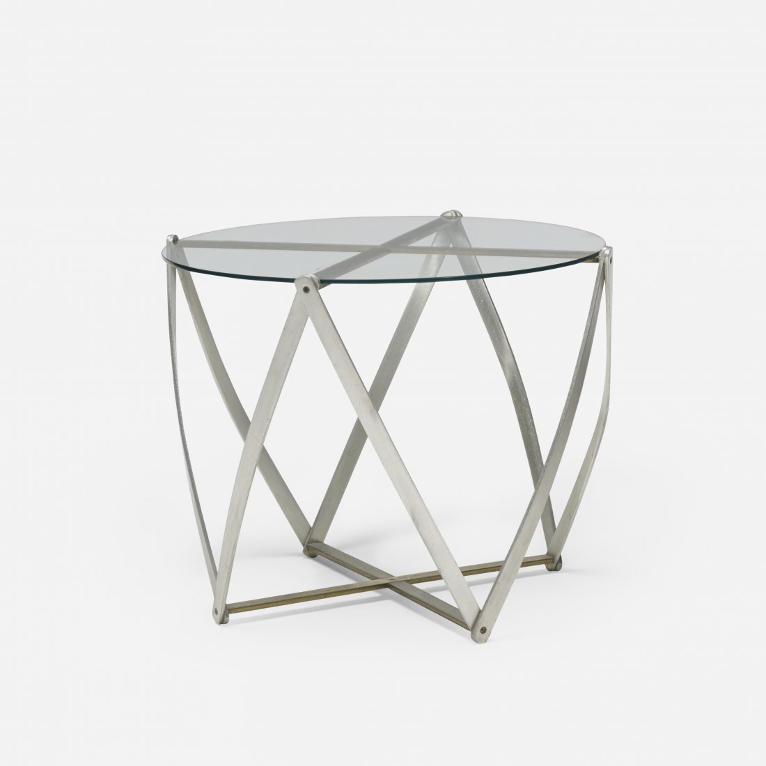 John Vesey occasional table: John Vesey occasional table USA, c. 1958 aluminum, brass, glass 25 w x 25 d x 20 h inches Literature: Design Forecast 1, ALCOA, 1959, pg. 20 The New York Times, 28 August 1958, illustrates related for